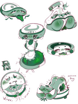 ahegao bedroom_eyes blush bodily_fluids butt cleaning_tool clothing drooling frilly frilly_clothing gear genitals glistening glistening_body green_body heart_eyes heart_symbol looking_pleasured machine maid_uniform narrowed_eyes rear_view saliva seductive shaking sweat tongue tongue_out uniform vacuum_cleaner vulva what inkdoll roomba animate_inanimate robot concept_art sketch sketch_page