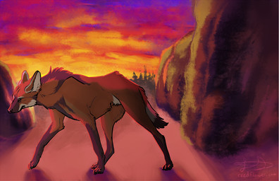 ambiguous_gender brown_body brown_fur day detailed_background feral fur outside paws quadruped side_view sky solo standing sunset reedflower canid canine mammal maned_wolf digital_media_(artwork) digital_painting_(artwork) full-length_portrait hi_res painting_(artwork) portrait warm_colors