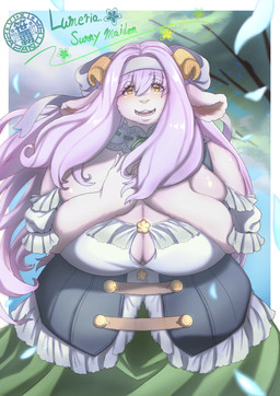 anthro bare_shoulders big_breasts breasts brown_horn cleavage clothed clothing curved_horn dress eyelashes female female_anthro fur glistening glistening_body glistening_fur glistening_hair green_clothing green_dress hair horn huge_breasts long_hair looking_at_viewer open_mouth outside pink_hair solo standing text white_body white_clothing white_dress white_fur wind yellow_eyes sasanoha6011 lumeria_(sasanoha6011) bovid caprine goat mammal character_name english_text hi_res