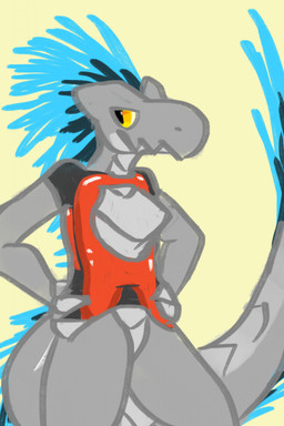 3_fingers amber_eyes ambiguous_gender amogus angled_scale_pattern anthro back_mane black_clothing black_quills black_shirt black_topwear blue_highlights bottomless cleavage_cutout clothed clothing countershade_face countershade_neck countershade_scales countershade_tail countershade_torso countershading cutout fingers full-length_mane grey_body grey_scales hair half-closed_eyes hands_on_hips head_nub highlights_(coloring) holding_knife holding_object holding_weapon jagged_mouth knife looking_offscreen mane mane_hair mohawk narrowed_eyes obscured_weapon quills_(anatomy) scales shirt shirt_only simple_background smile solo tail tail_mane tail_tuft topwear topwear_only tuft ventral_scales weapon yellow_background aversioncapacitor avoid_posting nephilim_(aversioncapacitor) jubilee_(aversioncapacitor) kobold scalie alternate_version_at_source colored_sketch digital_media_(artwork) hi_res sketch sketchbook_(artwork) female_(lore)