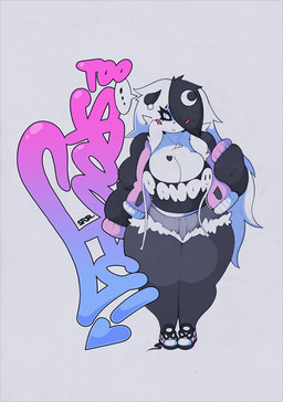 alternative_fashion anthro big_breasts biped body_writing breasts cleavage clothed clothing female footwear fur-trimmed_jacket fur_trim_(clothing) graffiti hair hair_over_eye hoodie huge_breasts long_hair one_eye_obstructed overweight overweight_anthro overweight_female pupils scene_(fashion) scene_haircut shirt shoes simple_background slit_pupils solo streetwear tattoo text text_on_clothing text_on_shirt text_on_topwear thick_thighs topwear wide_hips writing_on_breasts smokyjai luna_paws bear ghost giant_panda mammal spirit english_text