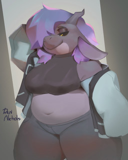 anthro belly big_breasts bottomwear breasts clothing female hair navel non-mammal_breasts non-mammal_navel overweight overweight_anthro overweight_female pants pink_hair purple_body solo thick_thighs wide_hips rennichols kobold scalie 4:5 absurd_res hi_res