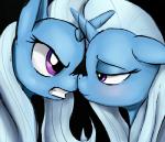 black_background blush duo eye_contact female feral hair horn long_hair looking_at_another purple_eyes simple_background gsphere friendship_is_magic hasbro my_little_pony mythology trixie_(mlp) equid equine mammal mythological_creature mythological_equine unicorn