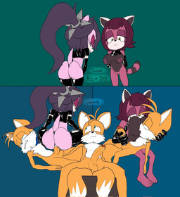 age_difference anthro armwear big_breasts blue_eyes boots breasts canon_x_oc clothing cradle_position cradling elbow_gloves female footwear gloves group hair handjob handwear high_heeled_boots high_heels latex latex_boots latex_clothing latex_footwear latex_gloves latex_handwear latex_panties latex_shrug_(clothing) latex_topwear latex_underwear legwear male male/female navel nursing_handjob older_female on_bottom on_top panties penetration penile pink_eyes ponytail reverse_cowgirl_position sex shoes shrug_(clothing) text thigh_boots thigh_highs topwear trio underwear vaginal vaginal_penetration yellow_eyes young young_anthro younger_male mrguy820 sega sonic_the_hedgehog_(series) cyrus_the_red_panda fan_character miles_prower star_the_spineless_hedgehog ailurid canid canine eulipotyphlan fox hedgehog mammal red_panda english_text hi_res