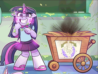 anthro bodily_fluids bottomwear cart chalkboard clothing death egg_yolk female hay horn legwear nervous nervous_smile skirt solo stockings sweat sweatdrop young xconitox friendship_is_magic hasbro my_little_pony mythology twilight_sparkle_(mlp) equid equine mammal mythological_creature mythological_equine unicorn