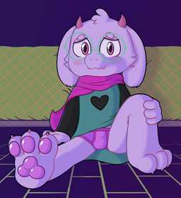 anthro blush briefs bulge clothing eyewear glasses horn male pawpads paws pink_clothing pink_underwear sitting solo spread_legs spreading underwear young young_male milowo deltarune undertale_(series) ralsei bovid caprine goat mammal absurd_res hi_res