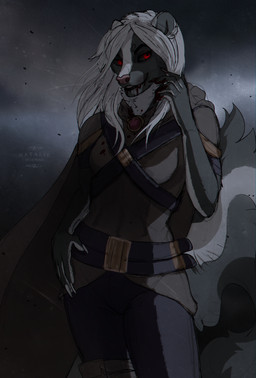 anthro armor assassin blood bodily_fluids clothed clothing female fur hair looking_at_viewer red_eyes smile solo white_hair natalie_de_corsair eve_hawthorne mammal mephitid skunk vampire 2018 hi_res