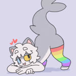 anthro ass_up butt clothing countershading femboy hair heart_symbol heterochromia jack-o'_pose legwear male multicolored_clothing multicolored_legwear multicolored_thigh_highs open_mouth pose rainbow_clothing rainbow_legwear rainbow_thigh_highs shadow shaking_butt shark_tail simple_background solo tail tail_motion tailwag thigh_highs white_hair popstick pop_(popstick) domestic_cat felid feline felis fish hybrid mammal marine shark 1:1 2024 animated digital_drawing_(artwork) digital_media_(artwork) no_sound short_playtime webm