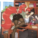 anthro blush bottomwear breasts butt clothed clothing computer dock_(anatomy) electronics female hair looking_back nylon_stockings red_hair secretary skirt solo tail torn_clothing king-kakapo sara_(sailoranna) equid equine horse mammal 1:1 hi_res