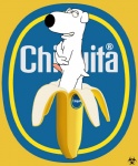 anthro banana biohazard_(artist) brian_griffin butt canid canine canis chiquita_(brand) domestic_dog erection family_guy food fruit genitals looking_at_viewer looking_back male mammal penis plant rear_view smile solo text