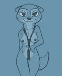 anthro bikini blue_background breasts clothing exposed_breasts female flashing looking_at_viewer nipples presenting simple_background smug solo standing swimwear two-piece_swimsuit tggeko disney zootopia mrs._otterton lontra mammal mustelid north_american_river_otter otter river_otter black_and_blue monochrome