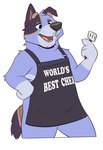 anthro apron apron_only blue_body blue_fur brown_body brown_fur clothing eyebrows featureless_crotch fur holding_object male open_mouth open_smile simple_background smile solo tail teeth tongue white_background baileyx bluey_(series) stripe_heeler australian_cattle_dog canid canine canis cattledog domestic_dog herding_dog mammal pastoral_dog 2022 digital_media_(artwork) hi_res