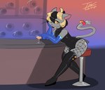 anthro beverage black_hair blonde_hair clothing fishnet_clothing fishnet_legwear gloves grey_body hair handwear leggings legwear male sitting solo tail yellow_eyes prate-dragon jaspar_(pajamamcham) felid feline mammal hi_res