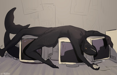 anthro black_body black_nipples breasts computer_monitor computer_mouse female fin looking_at_viewer lying nipples nude on_back sharp_teeth solo tail tail_fin teeth twistedteeth brink_(twistedteeth) aquatic cetacean false_killer_whale mammal hi_res