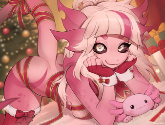 anthro biped breasts butt clothed clothed_anthro clothed_female clothing female fingers front_view hair holidays looking_at_viewer pantsless pantsless_anthro pantsless_female partially_clothed partially_clothed_anthro partially_clothed_female smile solo tail topless topless_anthro topless_female amarihel christmas amphibian axolotl marine mole_salamander salamander hi_res