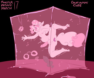 abdominal_bulge anal anal_penetration anthro anus asphyxiation collar cube cuff_(restraint) dildo engulfed floating front_view fuzzy_handcuffs gaping gaping_anus genitals handcuffs male metal_cuffs motion_lines nipples open_mouth penetration restraints sex_toy shaking solo spread_legs spreading suspension text translucent translucent_body trembling metal_(artist) morris_wolf canid canine canis gelatinous_cube goo_creature mammal wolf 2026 english_text hi_res