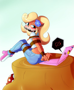 accessory anthro bdsm bit_gag blush bodily_fluids bondage bound computer electronics female flower flower_in_hair fungus gag hair hair_accessory laptop midriff mushroom plant restraints rope rope_bondage sitting sitting_on_stump solo sweat tree_stump boundlightning activision crash_bandicoot_(series) coco_bandicoot bandicoot mammal marsupial hi_res