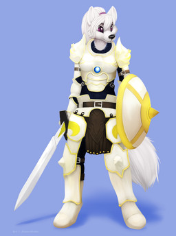 anthro armor biped blue_background broadsword clothed clothing female fur hair melee_weapon paint purple_eyes shield simple_background solo standing sword warrior weapon white_body white_fur white_hair jamesfoxbr arctic_wolf canid canine canis mammal wolf 2015 digital_media_(artwork) digital_painting_(artwork) hi_res painting_(artwork) shaded