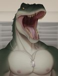 anthro bodily_fluids dog_tags male mouth_shot nipples open_mouth pecs saliva scales sharp_teeth solo teeth tongue nevolsky rocco_(tallion) dinosaur prehistoric_species reptile scalie theropod tyrannosaurid tyrannosauroid tyrannosaurus tyrannosaurus_rex hi_res