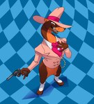 anthro bottomless bottomwear brown_body brown_fur claws clothed clothing featureless_crotch fur geometric_background gun hat headgear headwear high-angle_view holding_object holding_weapon jewelry male necktie ranged_weapon sharp_teeth simple_background solo spats teeth tight_clothing weapon whiskers zoot_suit reagan700 disney who_framed_roger_rabbit smarty_weasel toon_patrol mammal mustelid musteline true_musteline weasel 2023 absurd_res hi_res