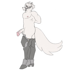 balls bodily_fluids fur genitals hair hands_behind_back male mechanical_leg nipples penis side_view simple_background solo standing sweat sweatdrop white_background white_body white_fur white_hair nomoreakita mihoyo zenless_zone_zero von_lycaon canid canine canis mammal wolf absurd_res hi_res