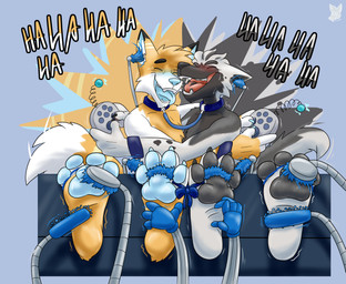 anthro arms_tied blue_pawpads bound brush claws collar duo feet fur grey_body grey_fur laugh male male/male neck_restraint nude open_mouth pawpads paws restrained smile teeth tickle_fetish tickle_torture tickling toes tongue tuft white_body white_fur yellow_body yellow_fur misterfuchs mats_(glasnir) tuskjumps canid canine canis domestic_dog fox mammal hi_res