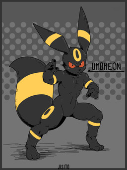 3_fingers 4_fingers angry anthro athletic biceps black_body black_fur black_nose black_pawpads cheek_tuft facial_tuft fighting_pose fingers fluffy fur fur_markings grey_background long_ears long_tail looking_at_viewer male markings muscular navel pawpads pecs pose red_eyes red_sclera serious shadow simple_background solo standing tail text thick_thighs tuft yellow_body yellow_fur jisito nintendo pokemon eeveelution generation_2_pokemon pokemon_(species) umbreon 3:4 absurd_res artist_name hi_res shaded
