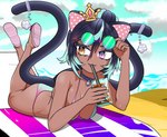 2_tails bikini black_hair breasts cleavage clothed clothing drinking eyewear female hair lying multi_tail on_front solo sunglasses swimwear tail two-piece_swimsuit wallyroo animal_humanoid cat_humanoid felid felid_humanoid feline feline_humanoid humanoid mammal mammal_humanoid absurd_res hi_res