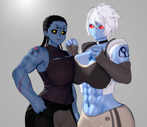 abs arm_warmers armwear big_breasts biped breast_squish breasts breasts_frottage cleavage_cutout clothing cutout duo female female/female female_humanoid hair looking_at_viewer muscular muscular_female squish standing white_hair valiance warhammer_(franchise) warhammer_40000 sho'vaal alien humanoid t'au_(warhammer) hi_res