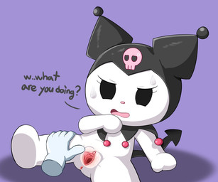 ambiguous_gender anthro anus bodily_fluids chibi clitoris dialogue disembodied_hand duo female female/ambiguous genitals open_mouth purple_background simple_background spade_tail spread_legs spread_vulva spreading sweat tail text vulva white_body young young_anthro young_female 0227 onegai_my_melody sanrio kuromi demon lagomorph leporid mammal rabbit 6:5 english_text
