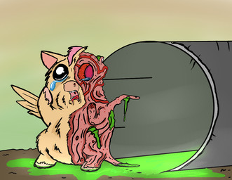 ambiguous_feral ambiguous_gender beady_eyes blood bodily_fluids chemicals crying dirty eye_gouge featureless_crotch feral flayed gore hand_on_cheek hooves mutation on_hind_legs open_mouth pained_expression pipe skinless solo tan_body tan_skin tears teeth tongue vein young young_ambiguous young_feral carniviousduck fluffy_pony fluffy_pony_(species) mammal 2026 digital_media_(artwork) shaded