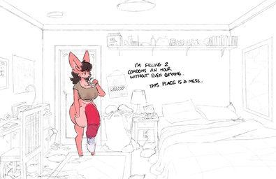 anthro balls balls_expansion bedroom big_balls big_breasts big_penis breast_expansion breasts brown_hair clothing condom dialogue expansion fur genital_expansion genitals green_eyes gynomorph hair huge_balls huge_breasts huge_penis hyper hyper_balls hyper_genitalia hyper_penis intersex penis penis_expansion pink_body pink_fur sexual_barrier_device shirt slightly_chubby slightly_chubby_anthro slightly_chubby_gynomorph slightly_chubby_intersex solo text thick_penis thick_thighs thigh_expansion topwear uncolored_background wearing_condom zandyzolo canid canine fox mammal english_text hi_res