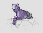 eyebrow_stud fangs female feral fur grey_body grey_fur lying on_front pedestal piercing purple_body purple_fur ring sitting solo teeth phlegraofmystery calista_(phlegraofmystery) domestic_cat felid feline felis mammal prehistoric_species saber-toothed_tiger smilodon