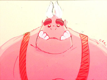 black_sclera clothing front_view horn looking_at_viewer male male_humanoid mouth_closed overweight overweight_humanoid overweight_male pink_body pink_skin red_clothing red_topwear simple_background solo teeth topwear white_horn yellow_background yellow_eyes chocolateandmilk vincent_(chocolate-beverage) humanoid imp 2015 bust_portrait dated portrait