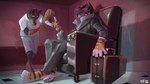 anthro barefoot biped bowing chair clock clothed clothing duo feet fully_clothed fur furniture male sitting standing striped_body striped_fur stripes watch wristwatch tempestus_vulpis canid canine canis dobermann domestic_dog felid mammal pantherine pinscher tiger 16:9 2022 absurd_res hi_res widescreen