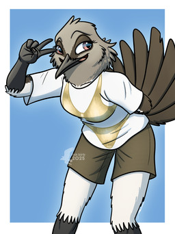 anthro bikini bottomwear clothing female gesture gold_bikini hand_gesture shirt shorts solo swimwear t-shirt topwear two-piece_swimsuit v_sign fish_birb golden_week millie_(fish_birb) avian bird oscine passerine starling_(bird) absurd_res hi_res