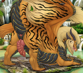 4_horns animal_genitalia anus ass_up beard bedroom_eyes blue_eyes bodily_fluids brown_pawpads butt claws digitigrade dripping erection facial_hair facial_scar feral genital_fluids genital_slit genitals horn inviting_to_sex inviting_viewer knot knotted_penis licking licking_lips looking_at_viewer looking_back looking_back_at_viewer male mane membrane_(anatomy) membranous_wings multi_horn narrowed_eyes orange_body outside pawpads penis pink_anus pond precum precum_drip presenting presenting_anus presenting_hindquarters presenting_penis pupils raised_tail ridged_penis scales scar seductive seductive_mouth sharp_teeth slit_pupils solo striped_body stripes tail tail_mane teeth toe_claws tongue tongue_out ventral_scales waterfall wings chubchow mythology dragon maned_dragon mythological_creature mythological_scalie scalie winged_dragon hi_res