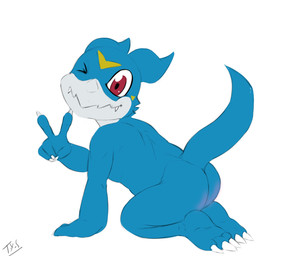 anthro barefoot biped blush body_blush butt butt_blush feet gesture hand_gesture kneeling looking_at_viewer male nude one_eye_closed side_view solo v_sign wink seyrmo bandai_namco digimon digimon_(species) scalie veemon signature source_request