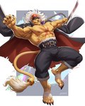 anthro bandage blue_eyes claws clothing coat_cape hair hat headgear headwear male muscular muscular_anthro muscular_male nipples pecs solo torn_clothing white_hair amon-sydonai bandai_namco digimon bancholeomon digimon_(species) hi_res