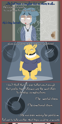 belly blue_hair bottomless clock clothed clothing collar duo female fur hair jewelry male male/female necklace overweight pendulum shirt text thong topwear underwear white_body white_fur yellow_body yellow_eyes yellow_fur shane_frost nintendo pokemon generation_1_pokemon human humanoid hypno_(pokemon) mammal pokemon_(species) absurd_res comic english_text hi_res long_image tall_image url