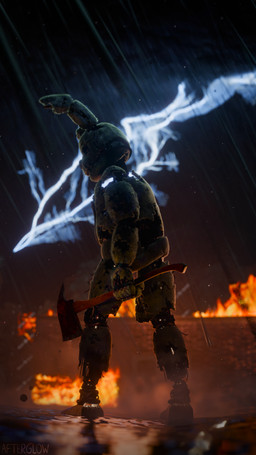 anthro axe building cinematic dust electricity fire fog lightning machine male night outside plant road solo standing storm tree afterglownsfw five_nights_at_freddy's five_nights_at_freddy's_3 scottgames springtrap_(fnaf) animatronic lagomorph leporid mammal rabbit robot 3d_(artwork) 4k 9:16 absurd_res digital_media_(artwork) hi_res
