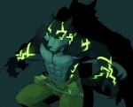 abs anthro athletic belt biceps bioluminescence black_body black_fur black_nose black_sclera bottomwear claws clothed clothing facial_markings fangs featureless_chest fur glowing glowing_eyes glowing_markings green_eyes grin head_markings male markings multicolored_body multicolored_fur muscular muscular_anthro muscular_male navel pants pecs smile solo tail teeth topless white_body white_fur rpbbw canid canine canis mammal wolf hi_res