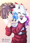 anthro blush brown_hair claws clothing duo eyes_closed green_eyes hair holidays hoodie hug kerchief male smile topwear white_body vfcou bandai_namco digimon digimon_ghost_game valentine's_day gammamon_(ghost_game) hiro_amanokawa digimon_(species) gammamon human mammal hi_res