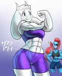 abs animal_humanoid anthro boss_monster_(undertale) breasts deltarune digital_media_(artwork) duo female fish fish_humanoid gesture hand_gesture hi_res humanoid kaizooki marine marine_humanoid muscular muscular_anthro muscular_female simple_background thumbs_up toriel undertale undertale_(series) undyne