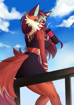 anthro athletic back_boob bottomwear bra breasts butt butt_pose clothing dialogue electronics exercise eyelashes female fingers fluffy fur hair lips looking_at_viewer looking_back looking_back_at_viewer outside portable pose running short shorts side sitting snout solo sport tail text thick_bottom_lip underwear water emsibap hi_res