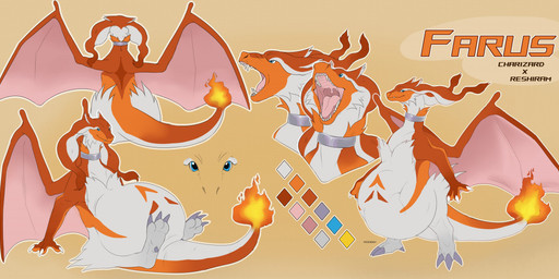 abdominal_bulge ambiguous_gender belly big_belly blue_eyes collar color_swatch feral fire flaming_tail glistening glistening_eyes grey_collar huge_belly membrane_(anatomy) membranous_wings metal_collar mouth_shot narrowed_eyes open_mouth orange_body pink_wings red_body sharp_teeth simple_background solo tail teeth text white_body wings roobin nintendo pokemon farus_(samontausagi) charizard generation_1_pokemon generation_5_pokemon legendary_pokemon pokemon_(species) reshiram artist_name model_sheet