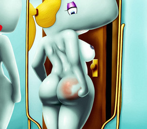 anthro big_butt blonde_hair blue_eyes breasts butt door female hair mirror nipples nude reddened_butt slightly_chubby solo spank_marks sirredbenjamin nickelodeon spongebob_squarepants pearl_krabs aquatic cetacean mammal physeteroid sperm_whale toothed_whale whale
