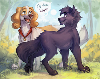 all_fours black_nose black_pawpads blue_body blue_eyes blue_fur brown_nose curly_hair dialogue duo feral fleur-de-lis floppy_ears fluffy fluffy_tail fur garden gold_(metal) grass hair looking_at_another male medallion messy_fur orange_body orange_fur pawpads plant pointy_ears sash smile smiling_at_another speech_bubble tail teeth tree white_body white_fur yellow_eyes mekaska belfort_and_lupin belfort_(belfort_and_lupin) lupin_(belfort_and_lupin) avian bird bird_dog canid canine canis domestic_dog french_spaniel hunting_dog mammal spaniel wolf 2025 absurd_res hi_res