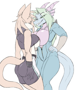 anthro areola asymmetrical_breast_frottage big_breasts breast_envy breast_size_difference breast_squish breasts breasts_frottage clothing comparing comparing_breasts duo female female/female fur hair nipples simple_background smile squish tail spazman mythology dragon macropod mammal marsupial mythological_creature mythological_scalie scalie wallaby 2016