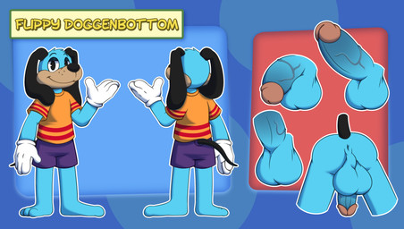 anus balls blue_body bodily_fluids butt clothing erection fur genitals gloves handwear humanoid_genitalia humanoid_penis looking_at_viewer male nude penis smile solo tail text toony nutty_bo toontown toontown_corporate_clash toontown_online toontown_rewritten flippy_doggenbottom canid canine canis domestic_dog mammal hi_res model_sheet